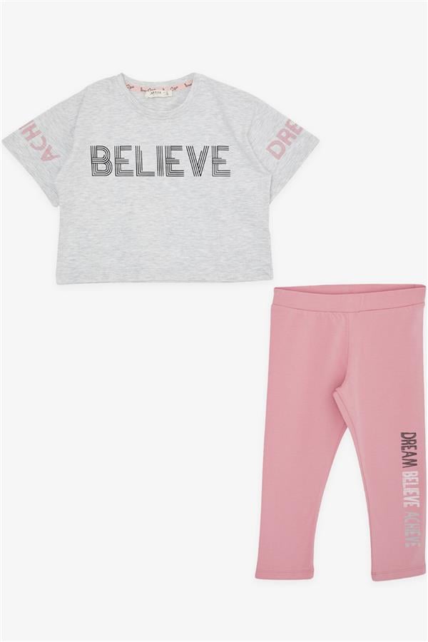 Girls' Capri Leggings and Crop Set with Printed Text, Light Grey Melange (Ages 8-12)