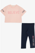 Girls' Capri Leggings and Crop Set with Printed Text, Salmon (Ages 8-12)