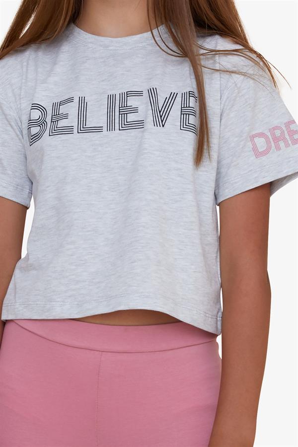 Girls' Capri Leggings and Crop Set with Printed Text, Light Grey Melange (Ages 8-12)