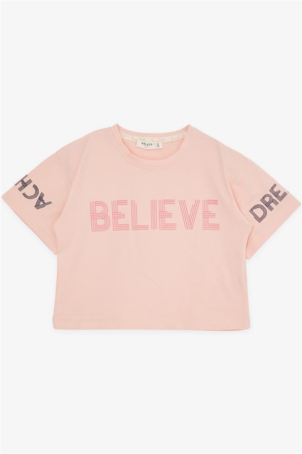 Girls' Capri Leggings and Crop Set with Printed Text, Salmon (Ages 8-12)
