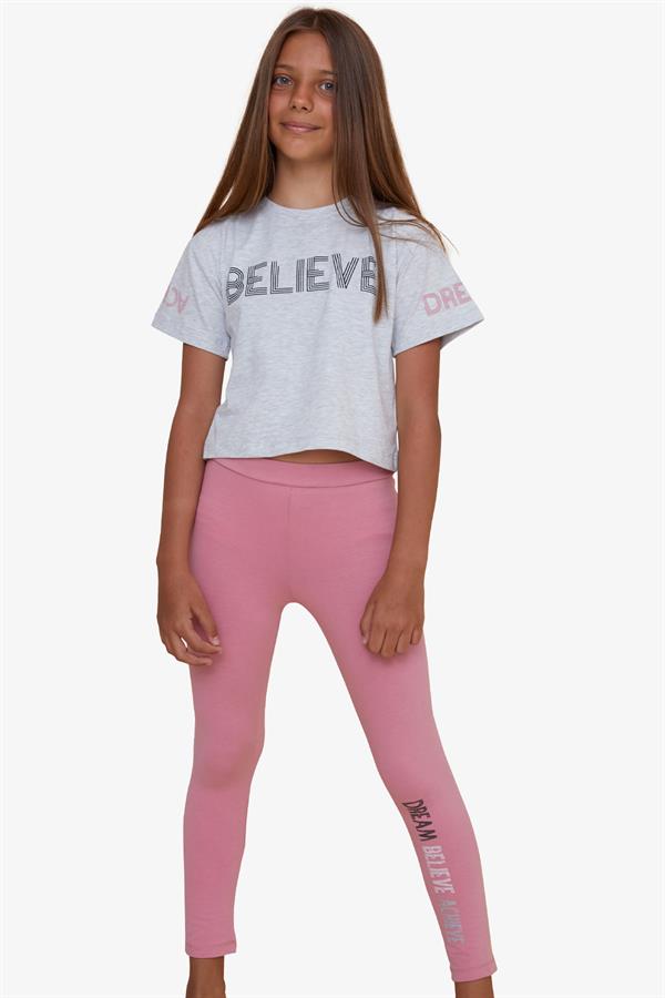 Girls' Capri Leggings and Crop Set with Printed Text, Light Grey Melange (Ages 8-12)