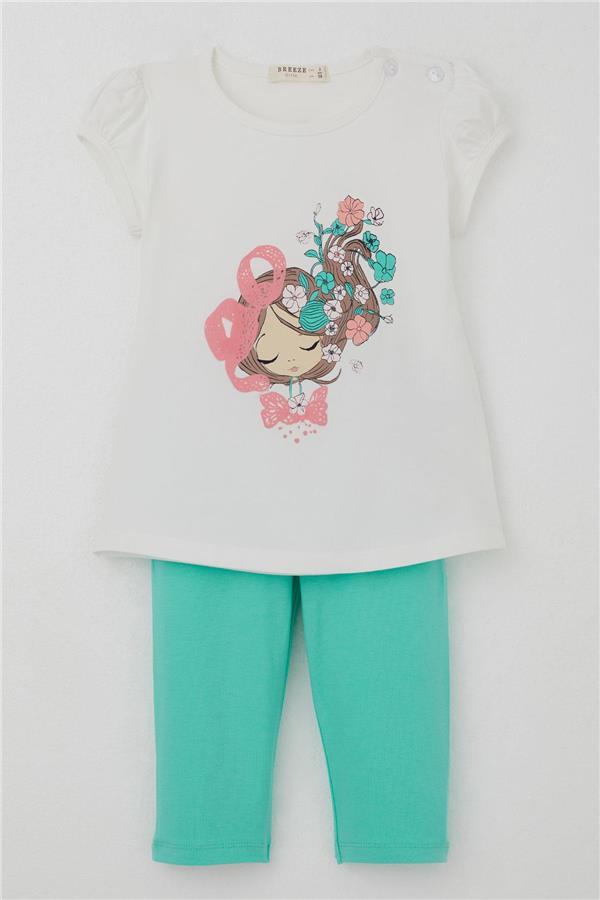 Girls' Capri Leggings Set with Floral Girl Print, Ecru (1.5-5 Years)