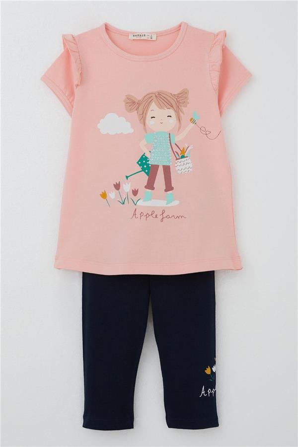 Girls' Capri Leggings Set with Farmer Girl Print, Salmon (Ages 1-4)