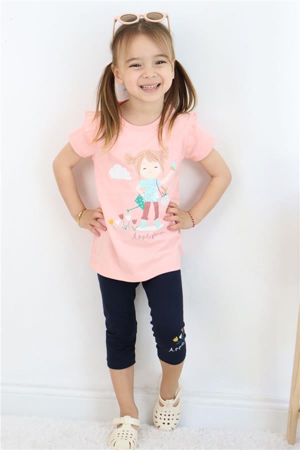 Girls' Capri Leggings Set with Farmer Girl Print, Salmon (Ages 1-4)