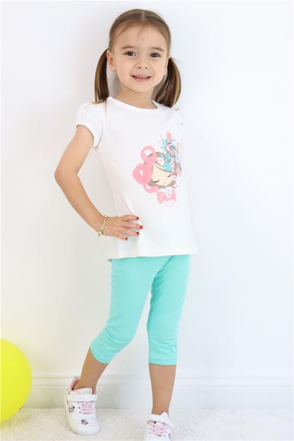 Girls' Capri Leggings Set with Floral Girl Print, Ecru (1.5-5 Years)