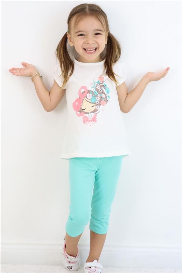 Girls' Capri Leggings Set with Floral Girl Print, Ecru (1.5-5 Years)