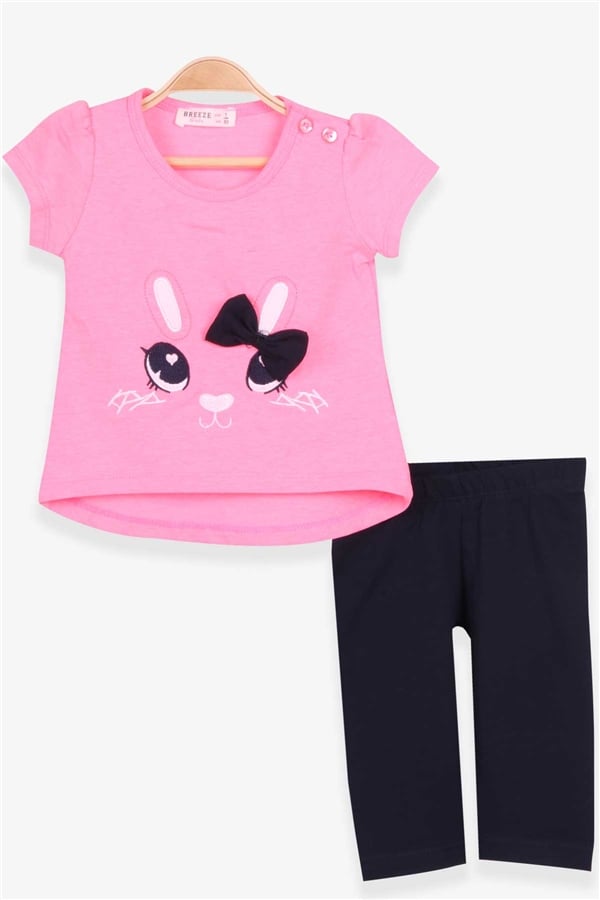Baby Girl Capri Leggings Set with Bunny Embroidery, Neon Pink (1-1.5 Years)