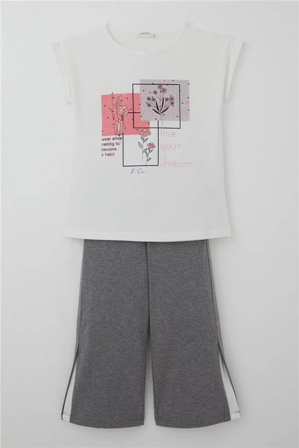 Girls' Pants Set, Floral Print, Slit, Ecru (Ages 6-12)