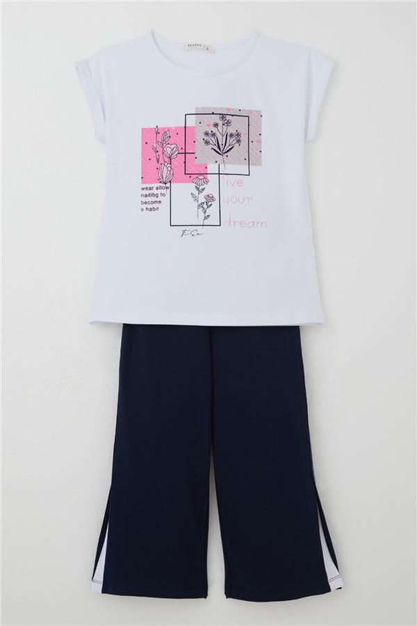 Girls' Pants Set with Floral Print and Slit, White (Ages 6-12)