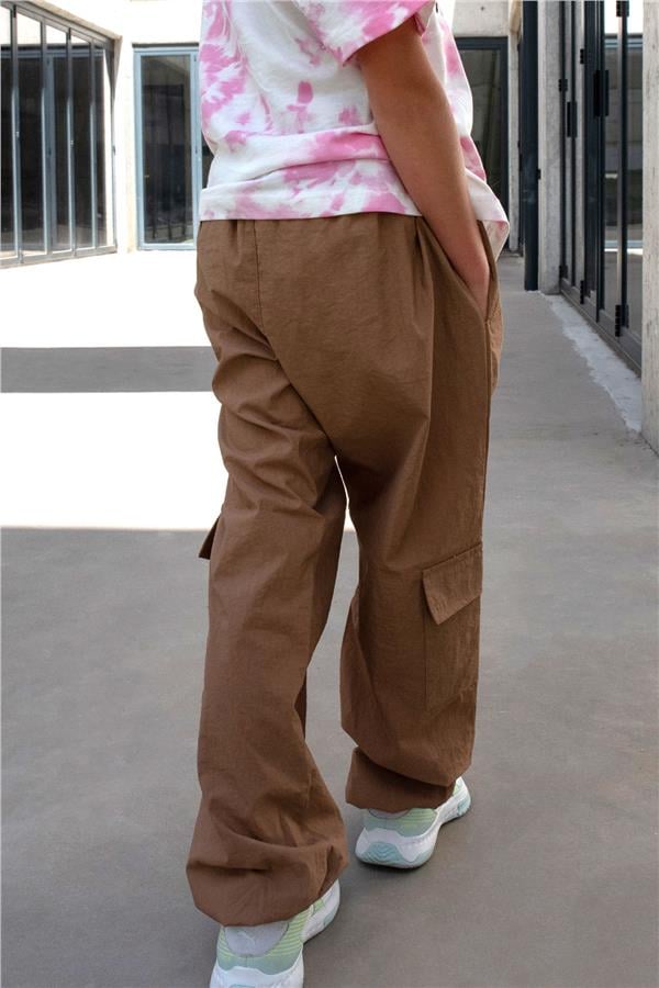 Girls' Parachute Jogger Pants with Cargo Pocket, Brown (Ages 7-12)