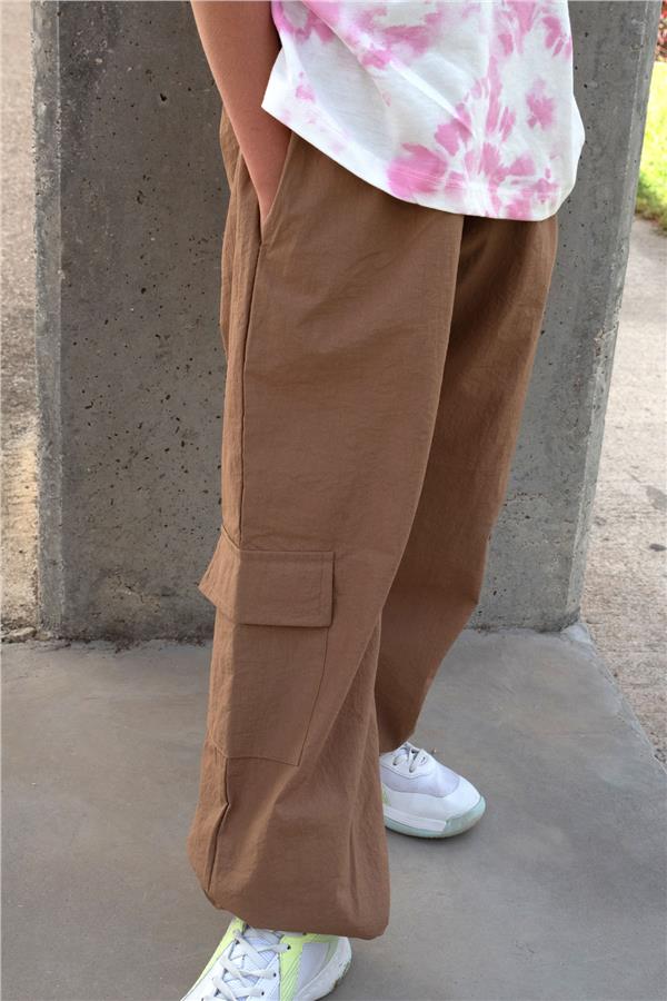 Girls' Parachute Jogger Pants with Cargo Pocket, Brown (Ages 7-12)