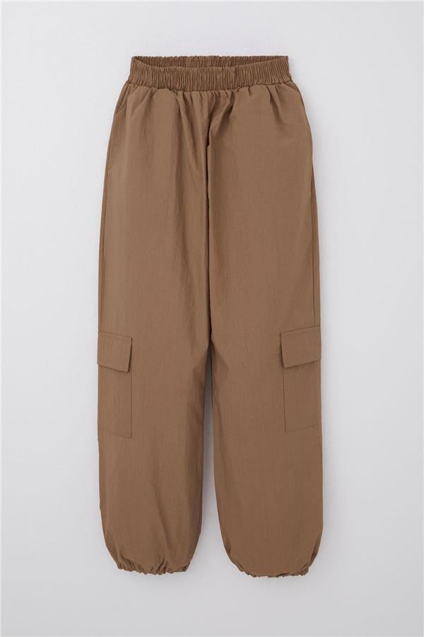 Girls' Parachute Jogger Pants with Cargo Pocket, Brown (Ages 7-12)