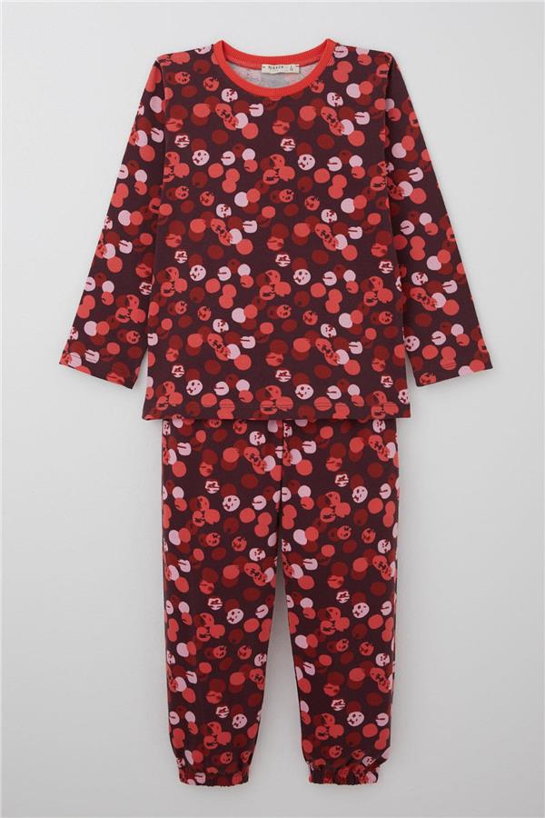 Girls' Pajama Set with Cheerful Polka Dots Pattern, Plum (4-8 Years)