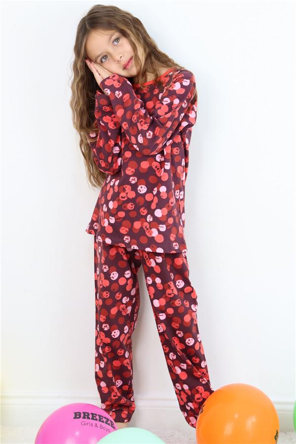 Girls' Pajama Set with Cheerful Polka Dots Pattern, Plum (4-8 Years)