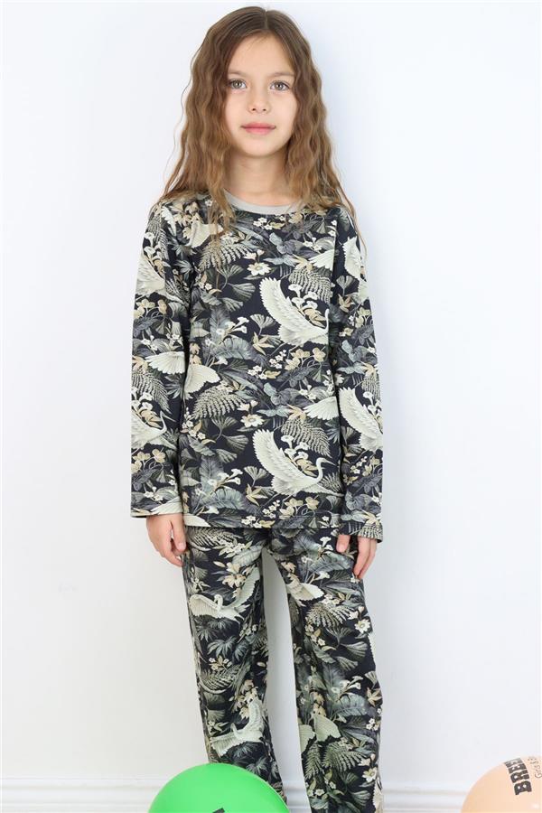 Girls' Pajama Set with Forest Theme, Stork Pattern, Mixed Colors (Ages 4-8)
