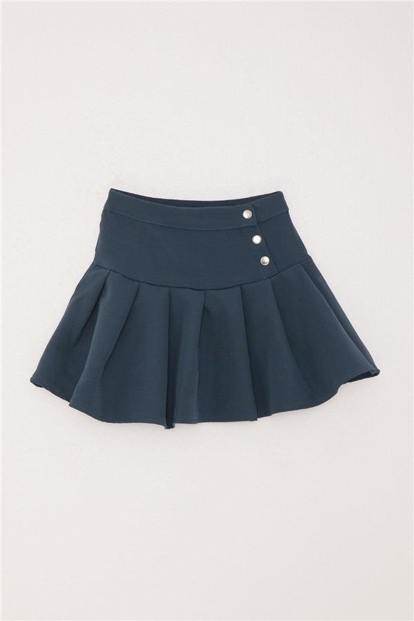 Girls' Pleated Skirt with Snap Fasteners, Indigo (Ages 7-12)
