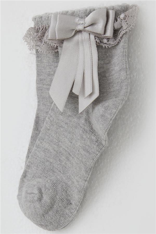 Girls' Ankle Socks with Lace Bow Detail, Grey Melange (Ages 3-12)