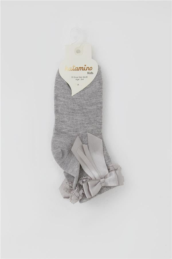 Girls' Ankle Socks with Lace Bow Detail, Grey Melange (Ages 3-12)