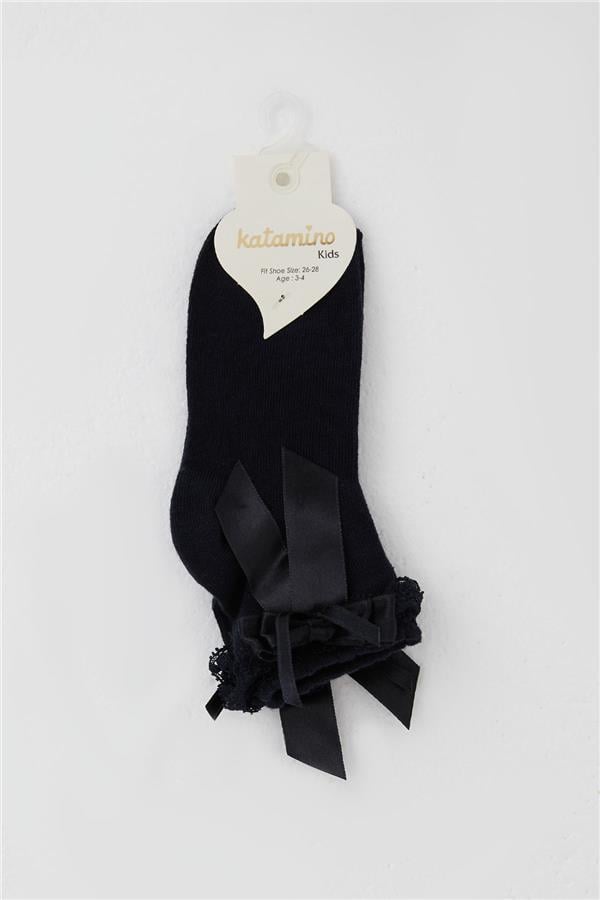 Girls' Ankle Socks with Lace Bow Detail, Navy Blue (Ages 3-12)
