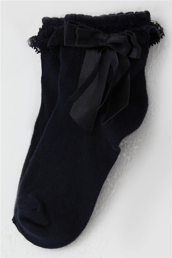 Girls' Ankle Socks with Lace Bow Detail, Navy Blue (Ages 3-12)