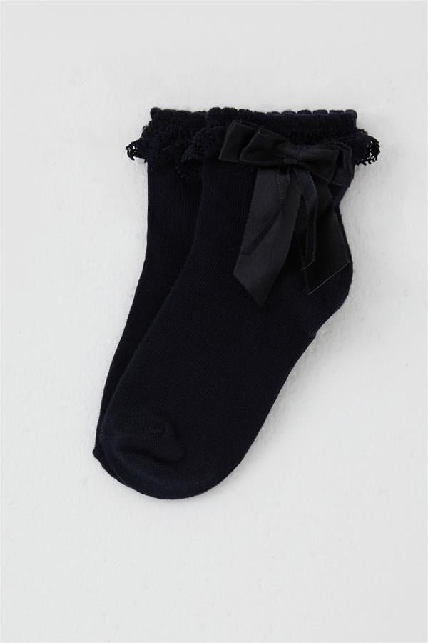 Girls' Ankle Socks with Lace Bow Detail, Navy Blue (Ages 3-12)