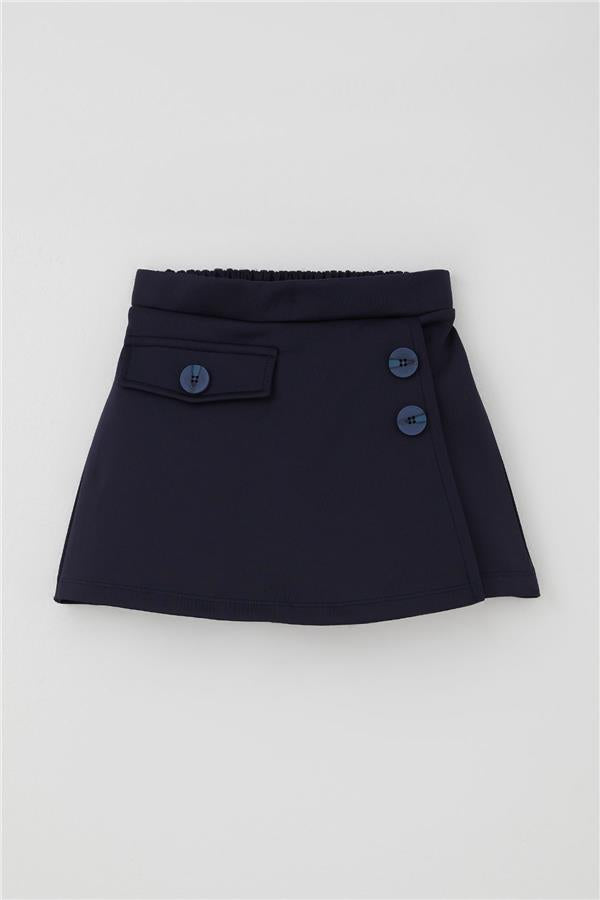 Girls' Short Skirt with Pocket Flap Detail and Button Accessory, Navy Blue (Ages 6-12)
