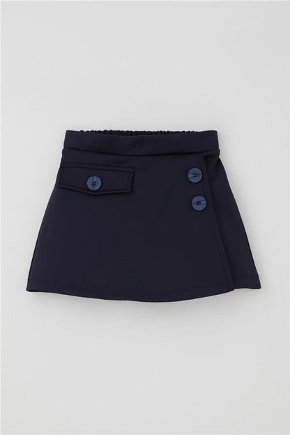 Girls' Short Skirt with Pocket Flap Detail and Button Accessory, Navy Blue (Ages 6-12)