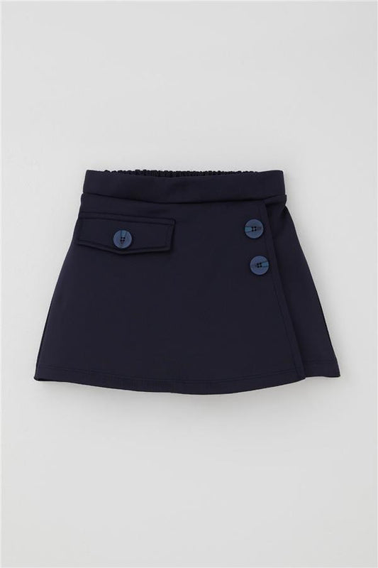 Girls' Short Skirt with Pocket Flap Detail and Button Accessory, Navy Blue (Ages 6-12)