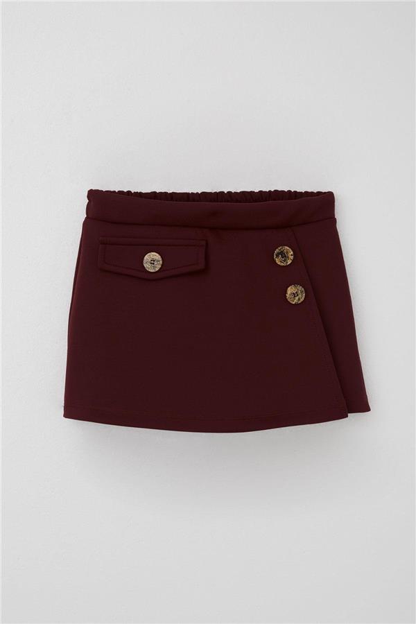 Girls' Short Skirt with Pocket Flap Detail and Button Accessory, Burgundy (Ages 6-10)