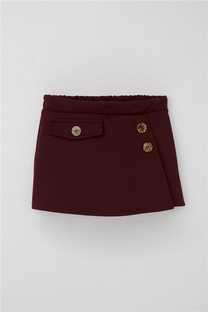 Girls' Short Skirt with Pocket Flap Detail and Button Accessory, Burgundy (Ages 6-10)
