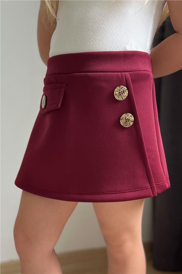 Girls' Short Skirt with Pocket Flap Detail and Button Accessory, Burgundy (Ages 6-10)