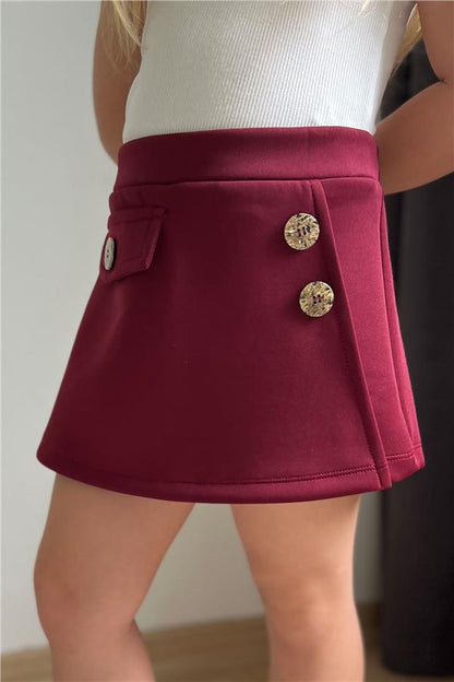 Girls' Short Skirt with Pocket Flap Detail and Button Accessory, Burgundy (Ages 6-10)