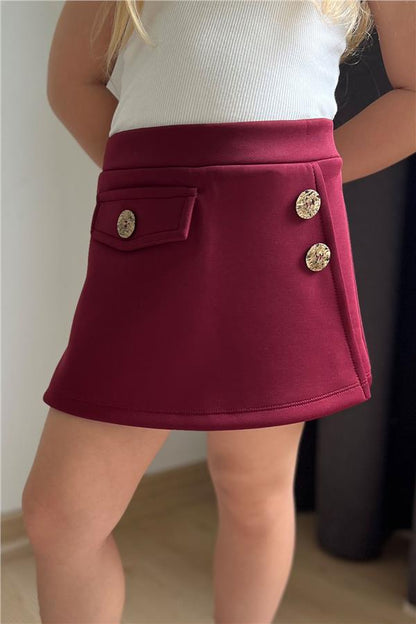 Girls' Short Skirt with Pocket Flap Detail and Button Accessory, Burgundy (Ages 6-10)