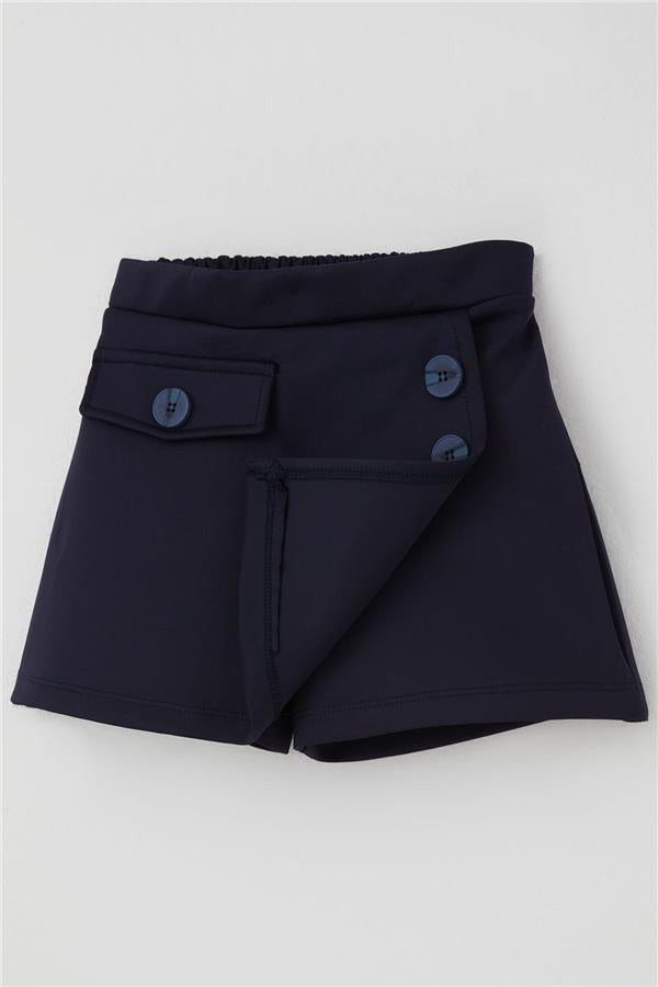 Girls' Short Skirt with Pocket Flap Detail and Button Accessory, Navy Blue (Ages 6-12)