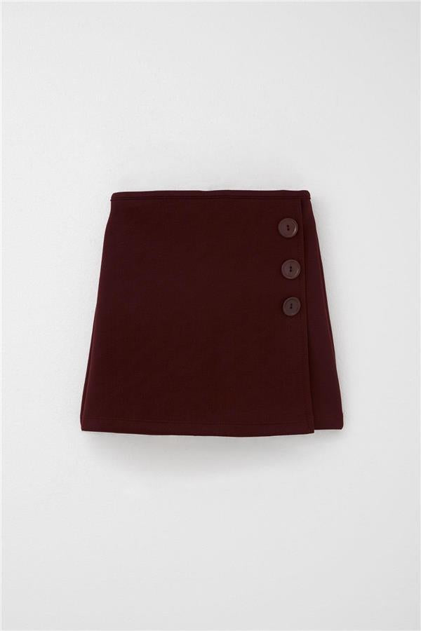 Girls' Short Skirt with Button Accessory, Elastic Waist, Burgundy (Ages 6-12)
