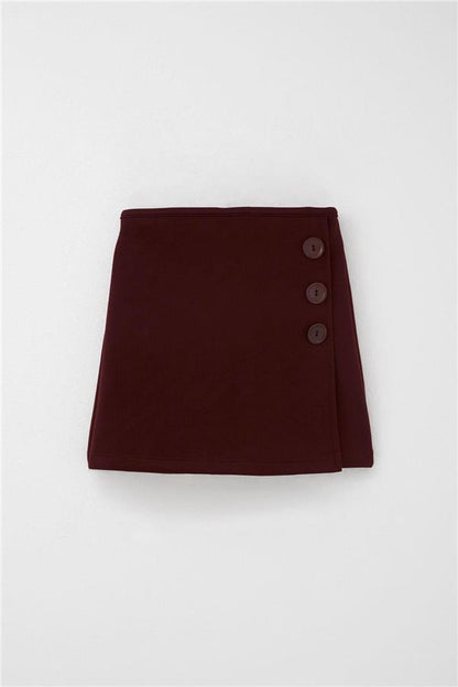 Girls' Short Skirt with Button Accessory, Elastic Waist, Burgundy (Ages 6-12)