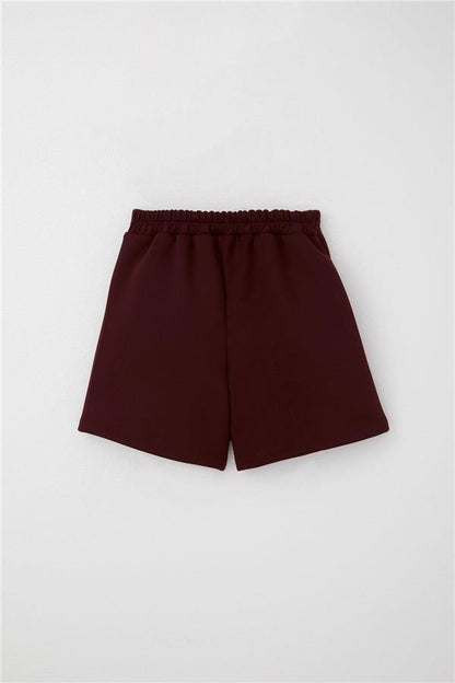 Girls' Short Skirt with Button Accessory, Elastic Waist, Burgundy (Ages 6-12)