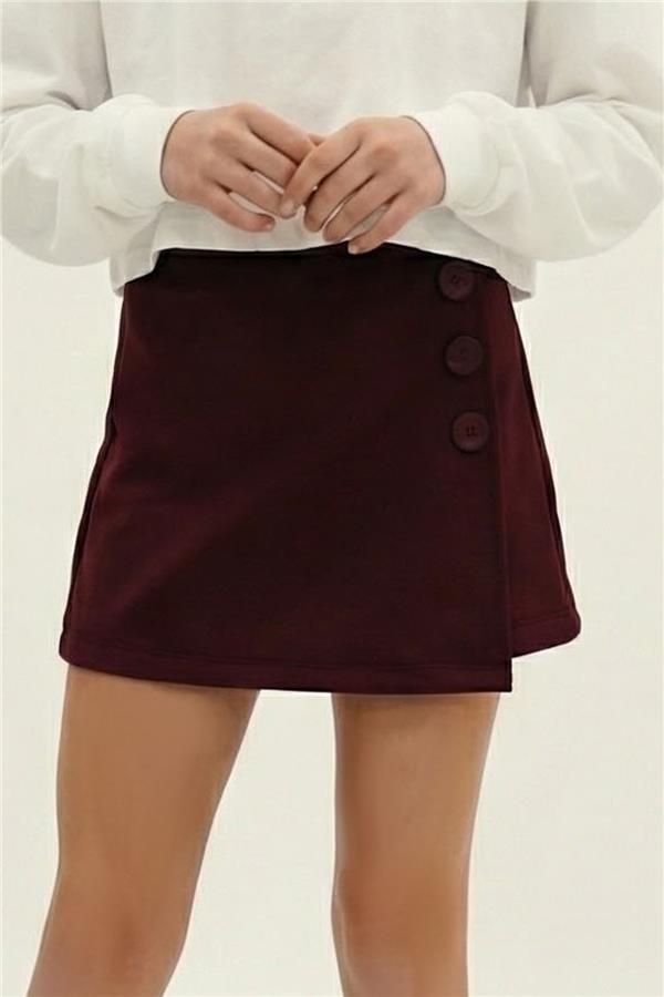 Girls' Short Skirt with Button Accessory, Elastic Waist, Burgundy (Ages 6-12)