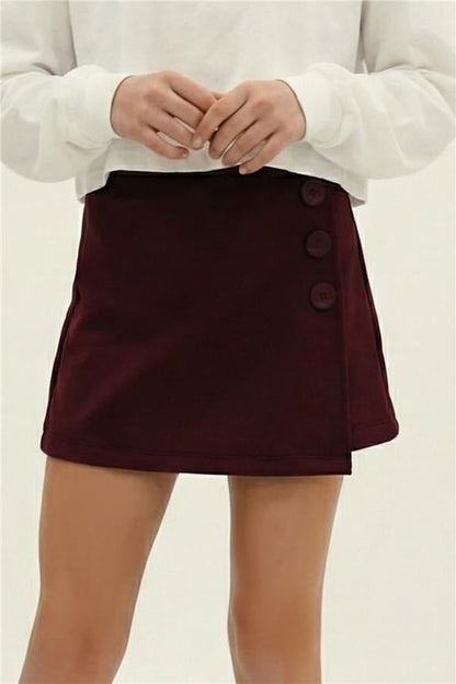 Girls' Short Skirt with Button Accessory, Elastic Waist, Burgundy (Ages 6-12)