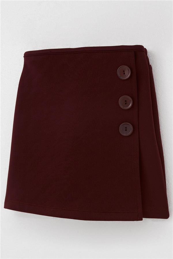 Girls' Short Skirt with Button Accessory, Elastic Waist, Burgundy (Ages 6-12)