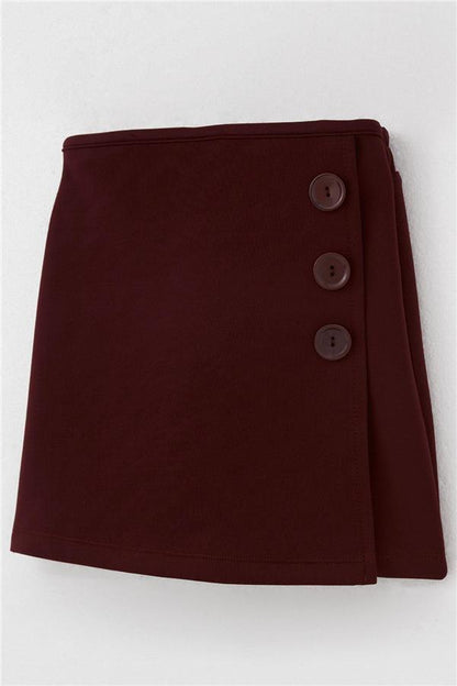 Girls' Short Skirt with Button Accessory, Elastic Waist, Burgundy (Ages 6-12)
