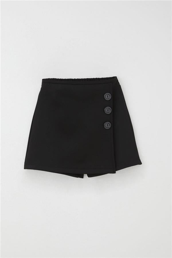 Girls' Short Skirt with Button Accessory and Elastic Waist, Black (Ages 6-12)