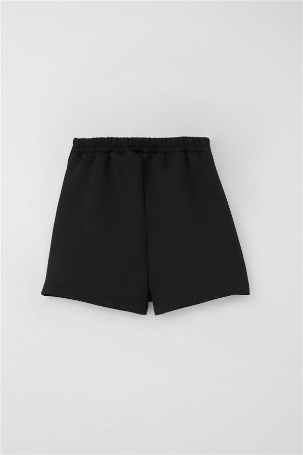 Girls' Short Skirt with Button Accessory and Elastic Waist, Black (Ages 6-12)