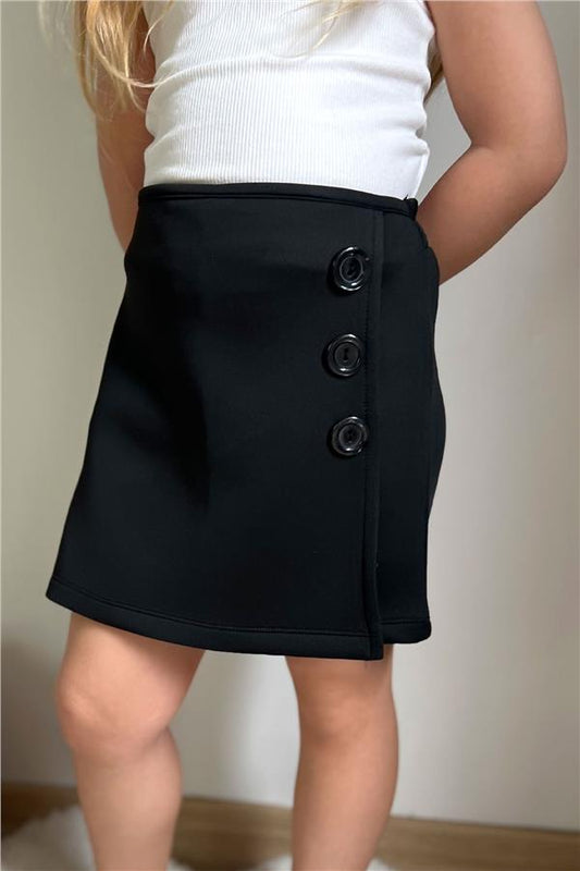 Girls' Short Skirt with Button Accessory and Elastic Waist, Black (Ages 6-12)