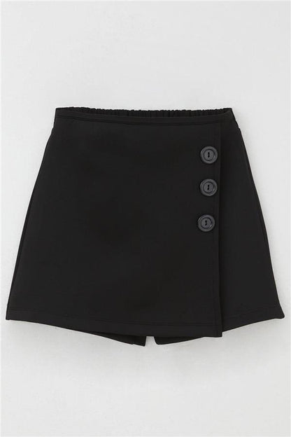 Girls' Short Skirt with Button Accessory and Elastic Waist, Black (Ages 6-12)