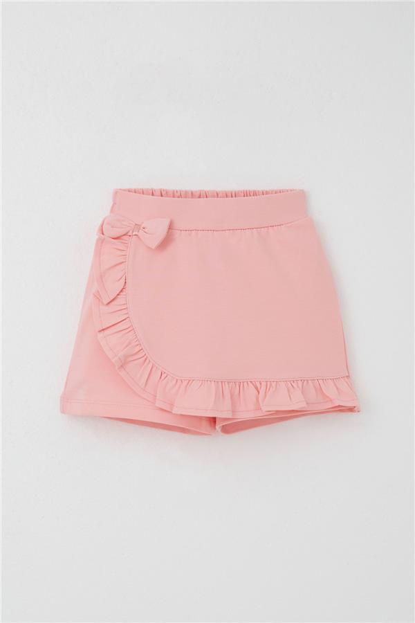 Girls' Short Skirt with Bow Accessory, Ruffles, Salmon Color (Ages 3-8)