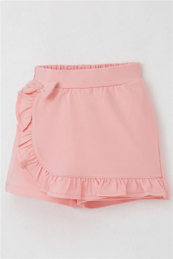 Girls' Short Skirt with Bow Accessory, Ruffles, Salmon Color (Ages 3-8)