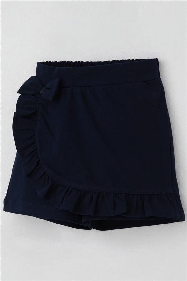 Girls' Short Skirt with Bow Accessory and Ruffles, Navy Blue (Ages 3-8)