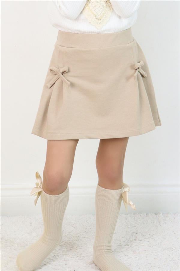 Girls' Short Skirt with Bow Accessory, Elastic Waist, Beige (Ages 3-7)