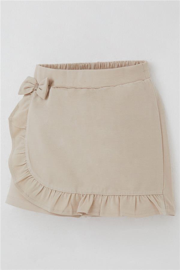 Girls' Short Skirt with Bow Accessory and Ruffles, Beige (Ages 6-10)